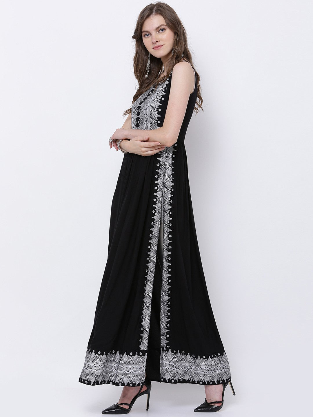 Black silver printed long kurta, Sleeves separate attatch D2036