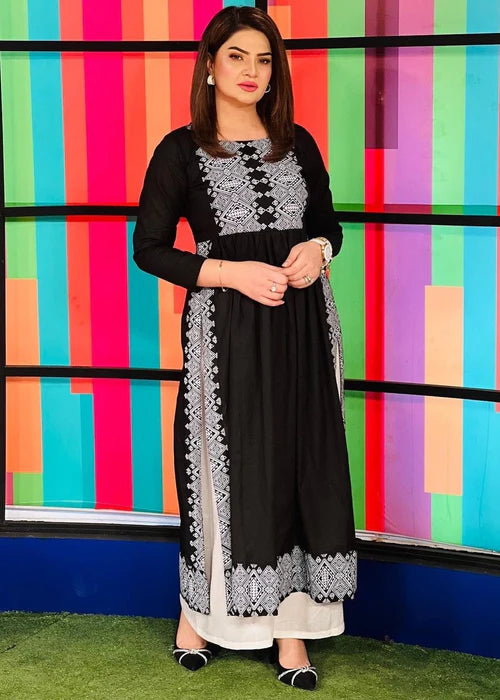 Black silver printed long kurta, Sleeves  separate attatch D2036