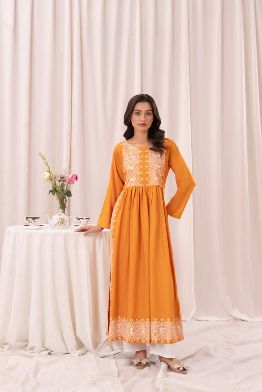 Mustard yellow printed long kurta, Sleeves separate attatch