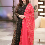 Black & Pink Lotus Printed Full Kurta Set with Dupatta & Tassel