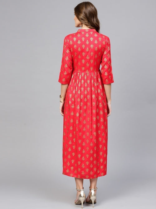 Women Red & Golden Block Print Fit & Flare Dress