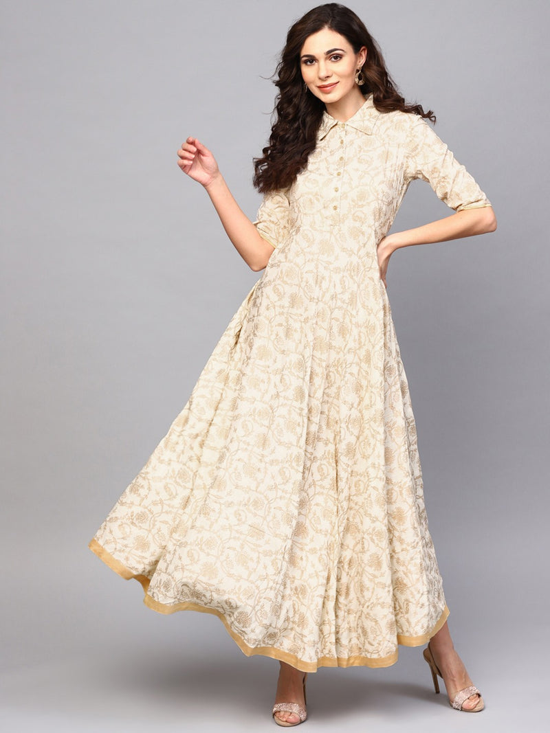 Women Off-White & Golden Printed Maxi Dress