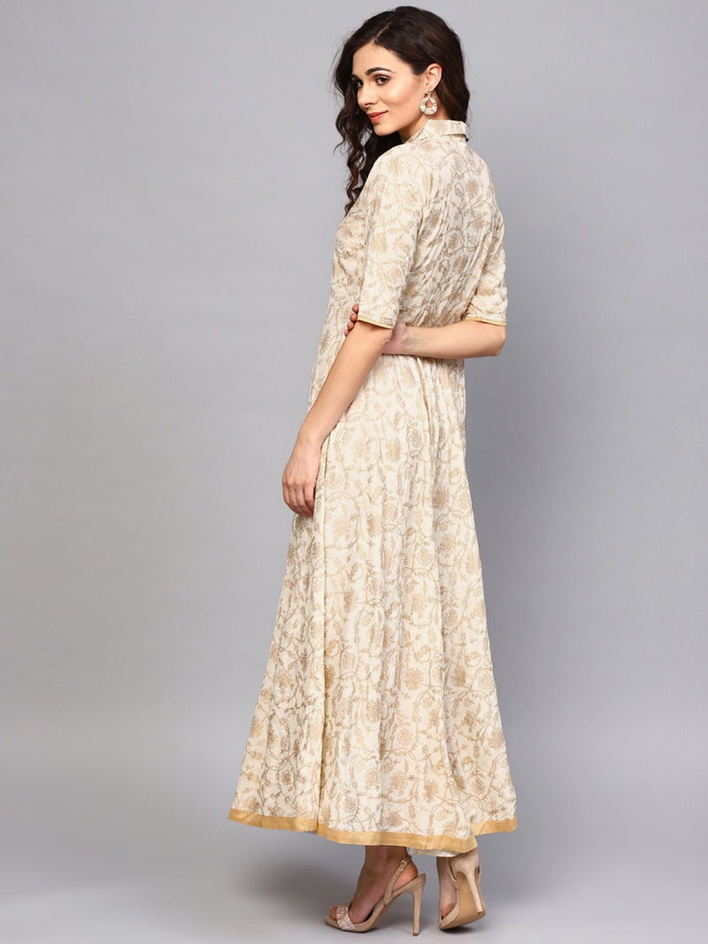 Women Off-White & Golden Printed Maxi Dress
