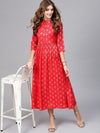 Women Red & Golden Block Print Fit & Flare Dress