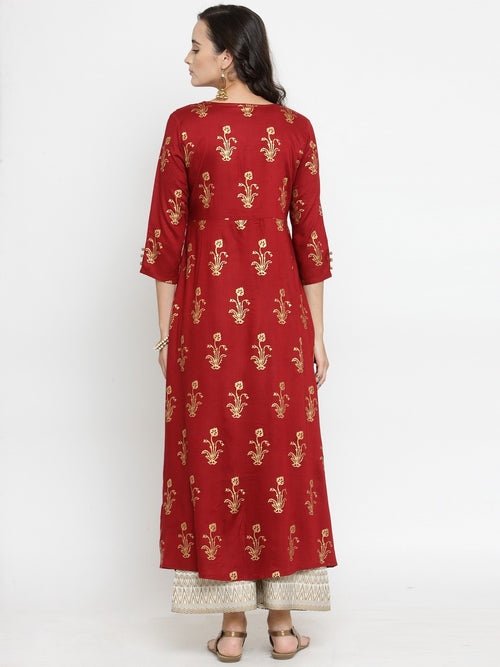 Women Red & Off-White Printed Kurta with Palazzos