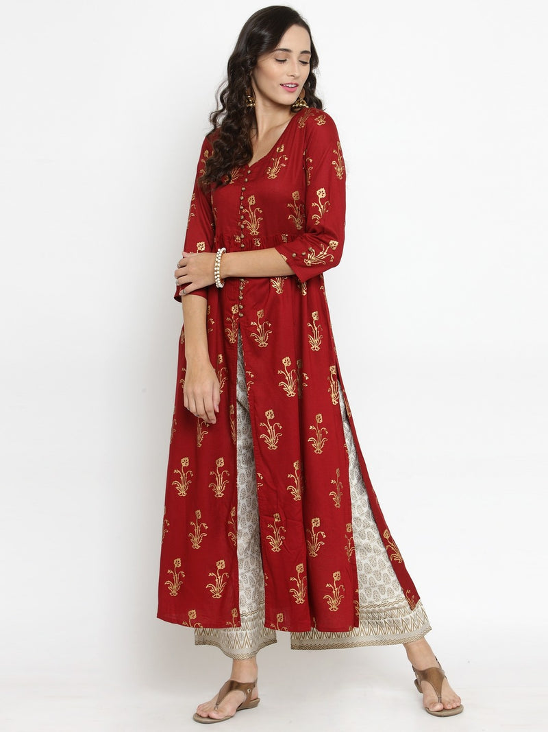Women Red & Off-White Printed Kurta with Palazzos