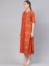 Women Rust Orange & Golden Block Print Maxi Dress with Ethnic Jacket
