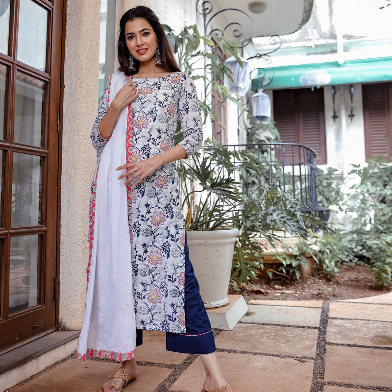 BEAUTIFUL FLORAL PRINTED SUIT SET WITH CHIFFON DUPATTA