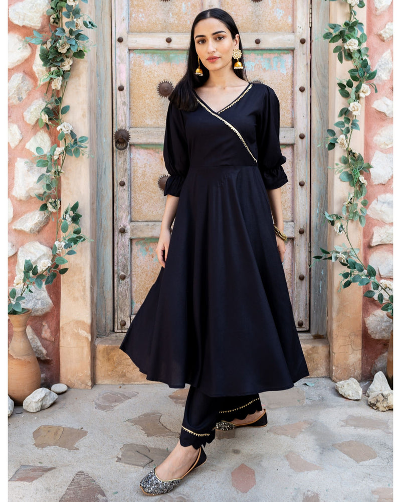 Black Flared Angrakha Set - Set Of Two