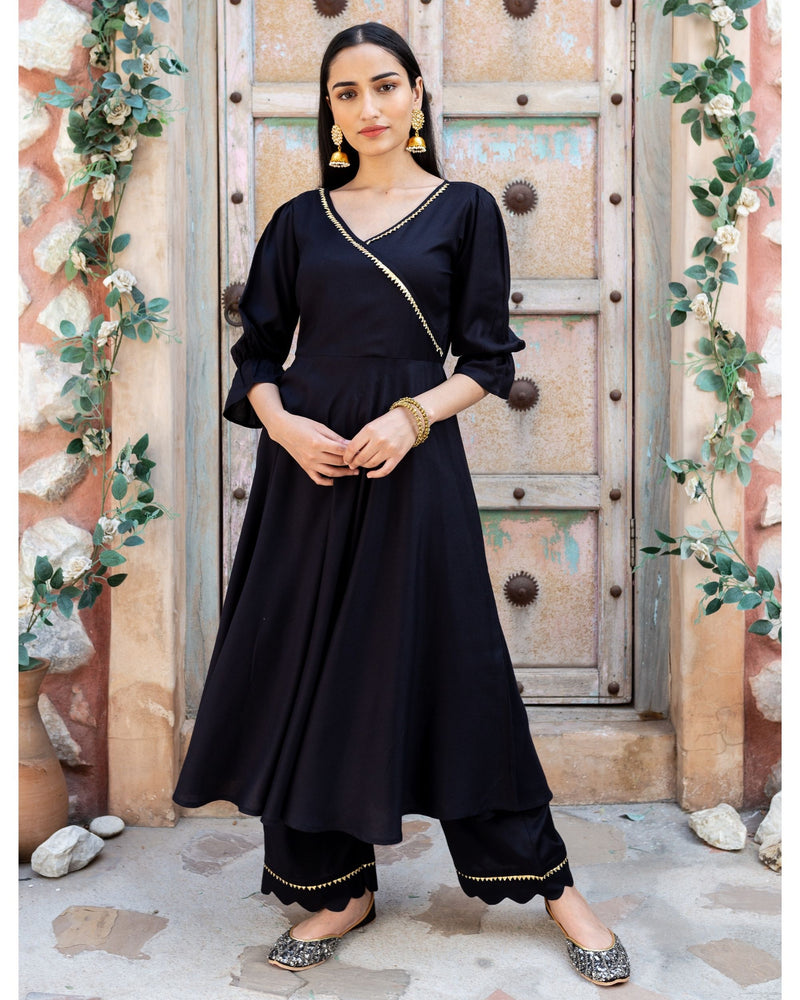 Black Flared Angrakha Set - Set Of Two