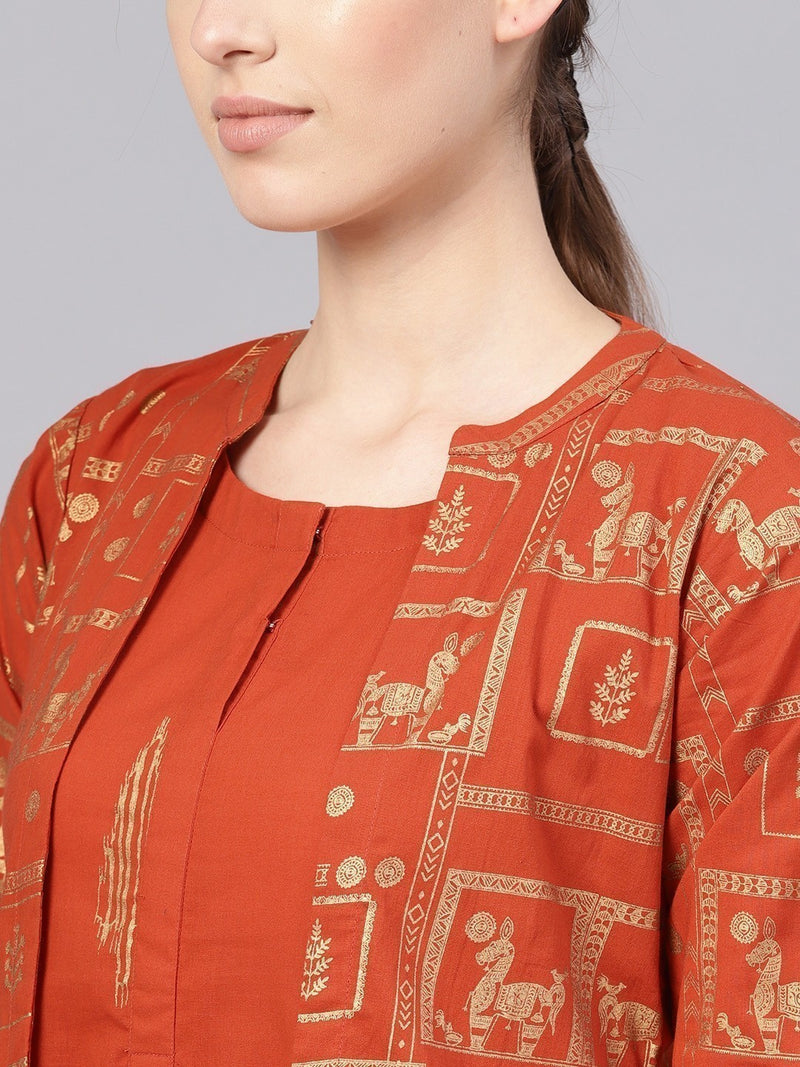 Women Rust Orange & Golden Block Print Maxi Dress with Ethnic Jacket