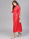 Women Red & Golden Block Print Fit & Flare Dress