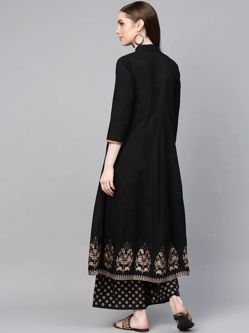 Black Print Border Frock With Trouser